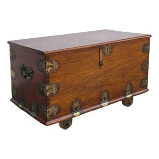Mid 18th Century Indo-Portuguese Goan Brass Mounted Teak Storage Trunk on Wheels For Sale