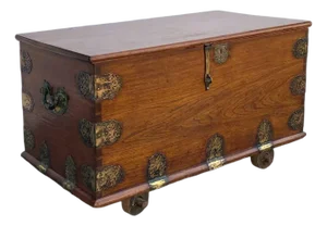 Mid 18th Century Indo-Portuguese Goan Brass Mounted Teak Storage Trunk on Wheels