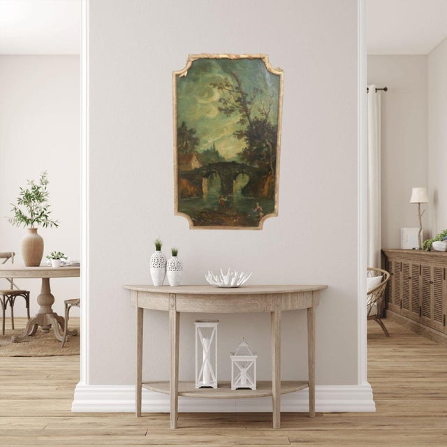 We are pleased to present this splendid 19th-century oil painting on canvas. The work depicts a river landscape in a...