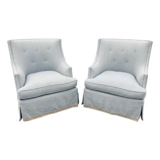Pair of Custom Light Blue Linen Skirted Slipper Chairs For Sale