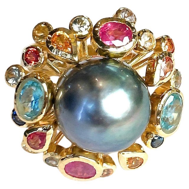 Bochic “Orient” Tahiti South Sea & Multi Sapphire Cluster Ring Set 18K & Silver, Size 6 For Sale
