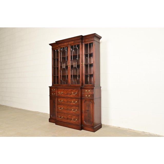 English Baker Furniture Style Georgian Flame Mahogany Breakfront Bookcase Cabinet With Drop Front Secretary Desk For Sale - Image 3 of 16
