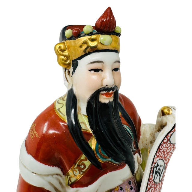 Vintage Chinese Lu Xing God of Prosperity Statue | 1970s Famille Rose Porcelain Figurine | Asian Home Decor Feng Shui Collectible | Good Fortune Gift For Sale In Tampa - Image 6 of 13