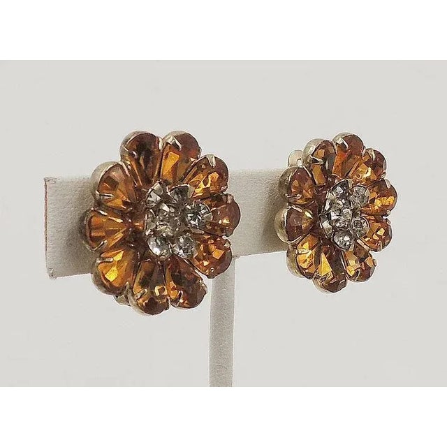 Kramer Vintage 1950s Signed Kramer Goldtone Faux-Topaz Rhinestone Clip Earrings - 2 Pieces For Sale - Image 4 of 7
