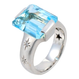 Vintage Aquamarine Diamond 18k White Gold Ring, Size 7 For Sale