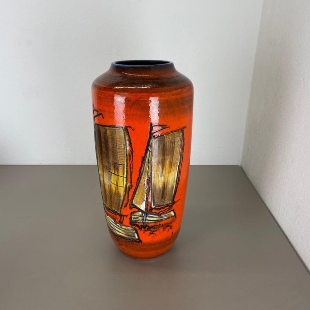 Article: Fat lava art vase extra large version with two sailing boats. Producer: Scheurich, Germany. Decade: 1970s : This...