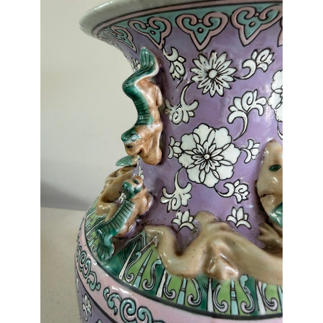 1980s Vintage Chinese Porcelain Floral Lamp With Dragon Relief For Sale - Image 5 of 12