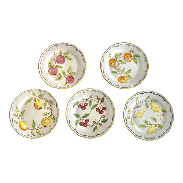 Mid 20th Century Gump’s Vintage Italian Hand Painted Scalloped Stoneware Fruit Plates- a Set For Sale