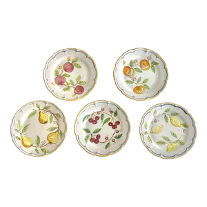 Mid 20th Century Gump’s Vintage Italian Hand Painted Scalloped Stoneware Fruit Plates- a Set
