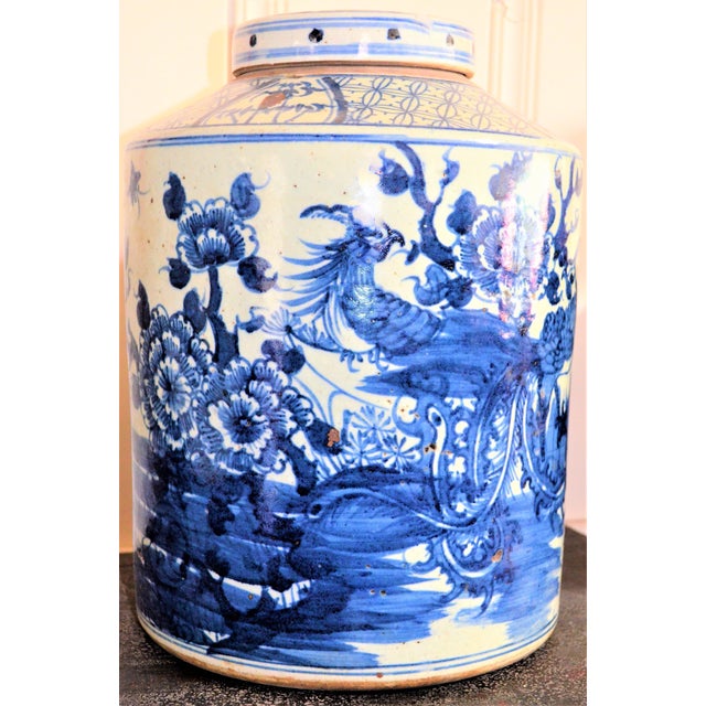Ceramic Monumental Porcelain Blue White Pheasant Tea Jar For Sale - Image 7 of 9