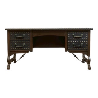 Mid 20th Century Spanish Revival Studded Leather and Wood Executive Desk For Sale