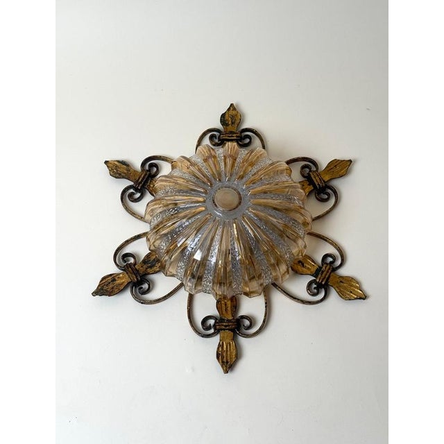 1970s German Gilt Wrought Iron and Textured Glass Flush Mount, 1970s For Sale - Image 5 of 13