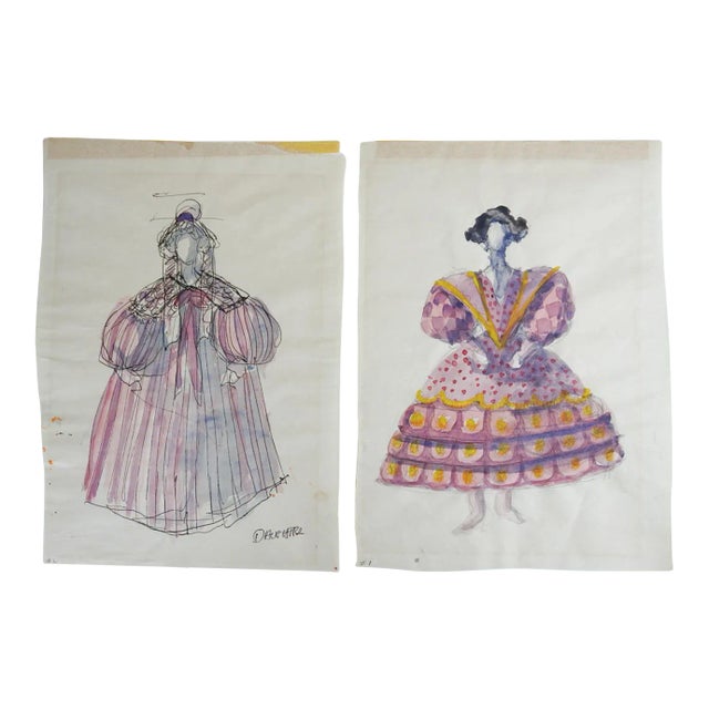 Vintage Mid 20th Century Theater Costume Design Paintings in Purple - a Pair For Sale