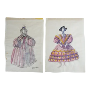 Vintage Mid 20th Century Theater Costume Design Paintings in Purple - a Pair
