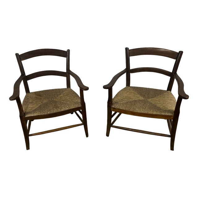 Rustic Fireplace Armchairs in Wood and Straw, 1940s, Set of 2 For Sale