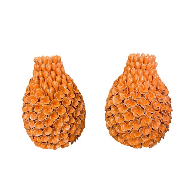 Pair of Vintage Mid-Century Italian Glazed Ceramic Trompe l'Oeil Floral Vases For Sale - Image 4 of 12