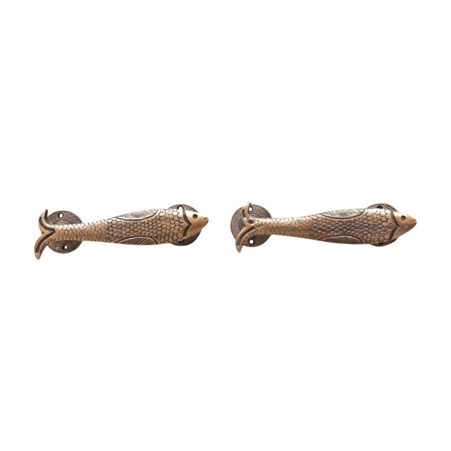 Rustic Antiqued Brass Fish Handles, a Pair For Sale - Image 3 of 6