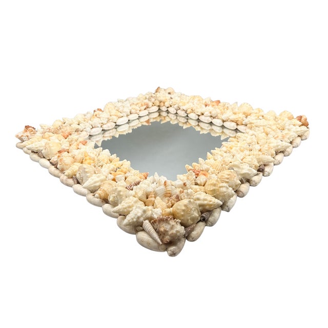 Late 20th Century Signed Vintage Diamond-Shaped Seashell Shell Encrusted Wall Mirror – Coastal / Organic Modern For Sale - Image 5 of 13