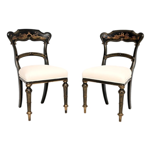 Antique Victorian Lacquered Chinoiserie Side Chairs, 1870, Set of 2 For Sale
