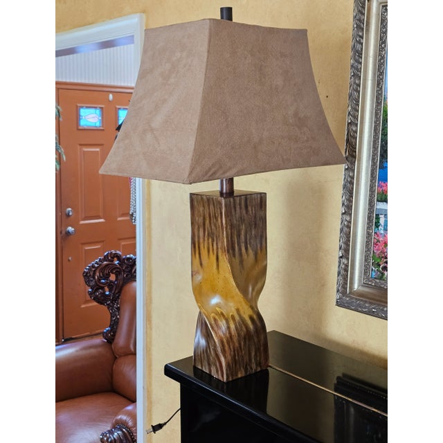 Mid-Century Modern Style Twisted Wood Look Table Lamps With Suede Lamp Shades - a Pair For Sale - Image 12 of 12