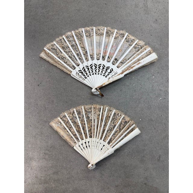 Ivory Pair of Antique 18th Century Hand Painted Fan Folded Chinese Signed For Sale - Image 8 of 9