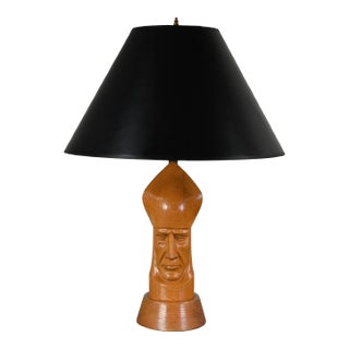 Mid-20th Century MCM Carved Wood Bishop Chess Piece Table Lamp With Black Paper Shade For Sale