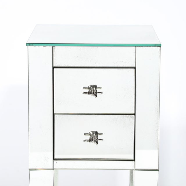 Modernist End Table/Nightstand in Antique Mirror W/ Sculptural Hand Pulls For Sale - Image 4 of 17