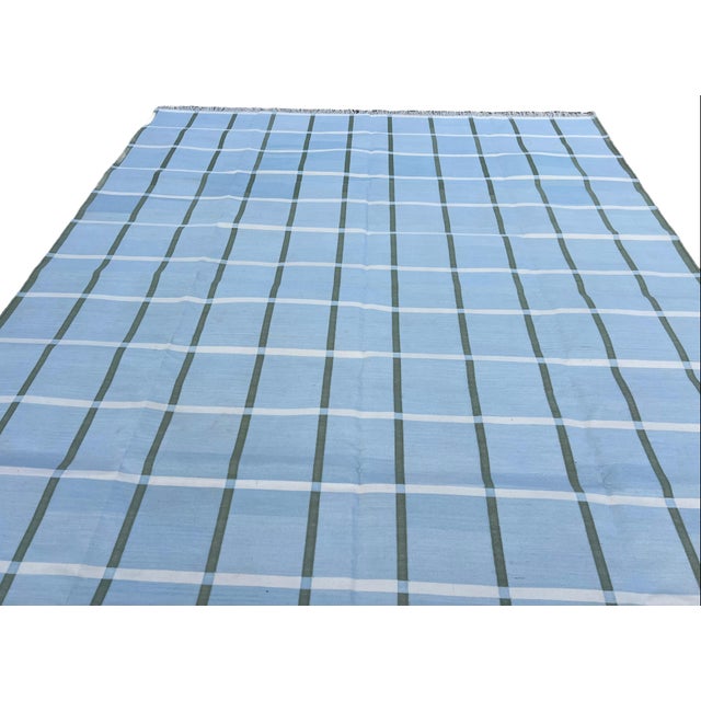 Textile Handmade Cotton Natural Vegetable Dyed Sky Blue, Cream & Sage Green Windowpane Rug - 10'x14' For Sale - Image 7 of 10