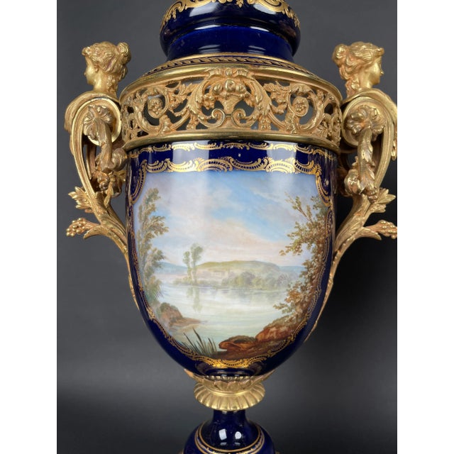 19th Century Pair of French Ormolu Sevres Porcelain Urns For Sale - Image 10 of 15
