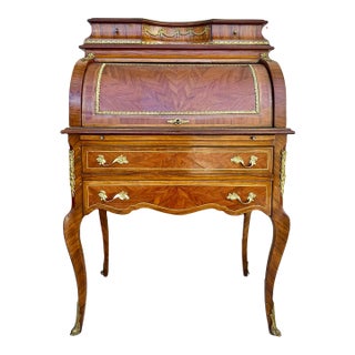 1930s French Louis XV Style Marquetry Bureau With Brass Mounts For Sale