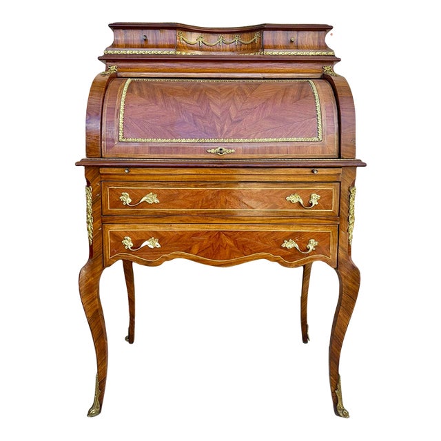 1930s French Louis XV Style Marquetry Bureau With Brass Mounts For Sale