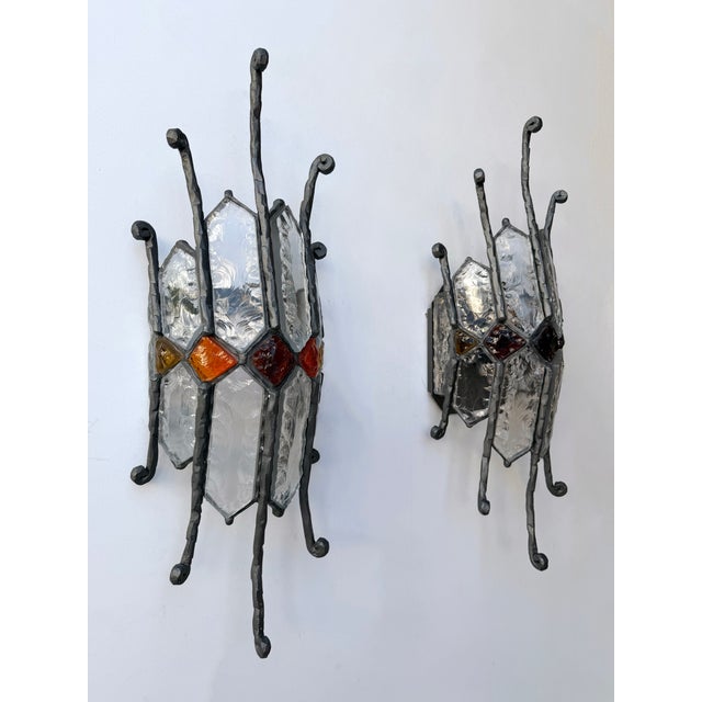 Pair of Hammered Glass Wrought Iron Sconces by Longobard, Italy, 1970s For Sale - Image 11 of 12