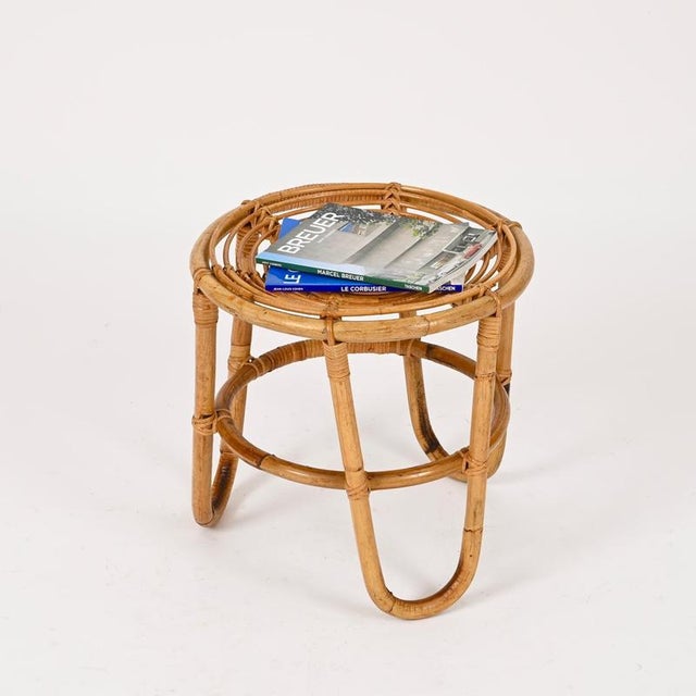 Wood French Riviera Rattan and Wicker Round Stool by Tito Agnoli, Italy, 1960s For Sale - Image 7 of 14