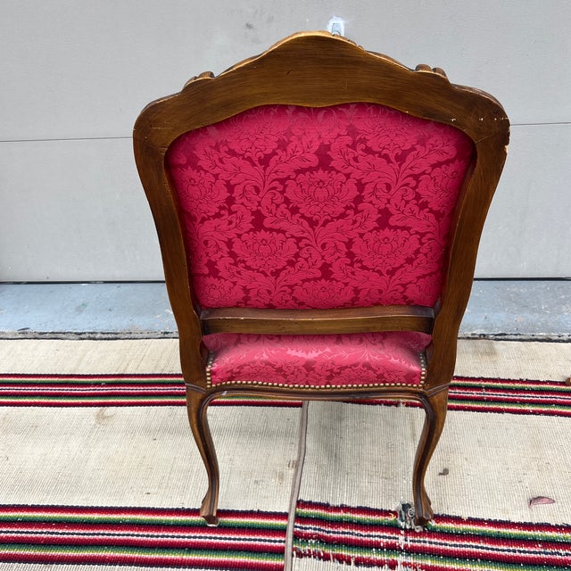A Vintage Red Upholstered Carved French Style Bergere Arm Chair. For Sale - Image 12 of 12
