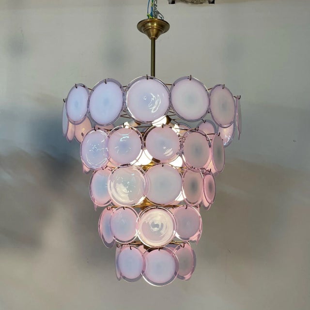 Glass Pair Murano Disc Mid-Century Modern Tiered Chandelier, Antiqued Brass, New Wired For Sale - Image 7 of 13