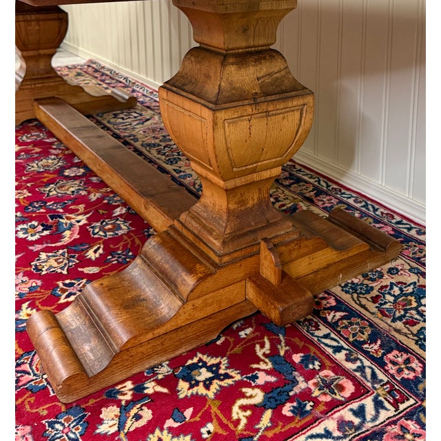 Brown Antique French Country Dining Table Farmhouse Pedestal Trestle Honey Oak 1930s For Sale - Image 8 of 18