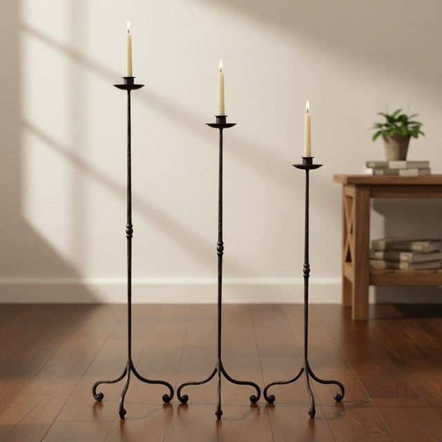 Rustic Hand Forged Iron Candelabra Set of 3 (91-111cm) Antique Copper Finish Straight Stem with Classic Scroll Feet For Sale - Image 3 of 6