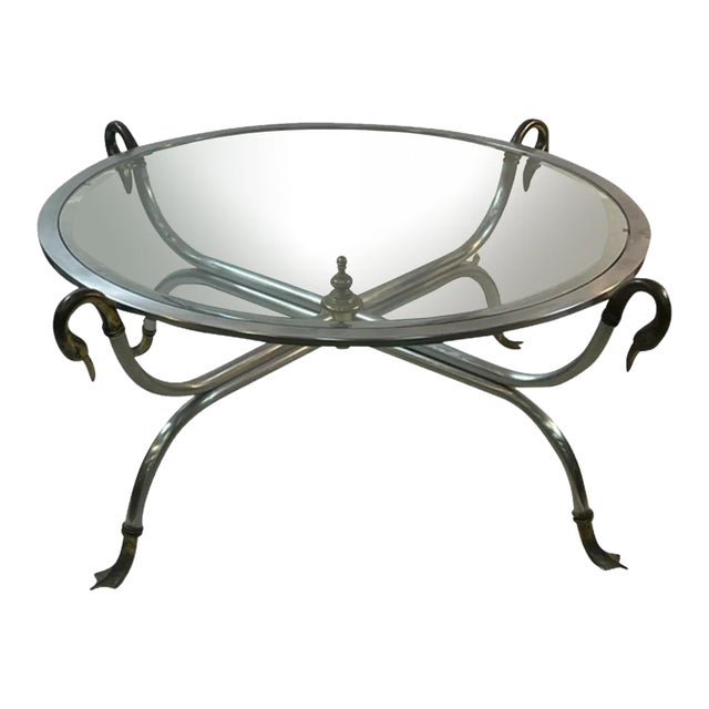 1960s Modernist Maison Jansen Steel & Brass Swan Head Coffee Table For Sale