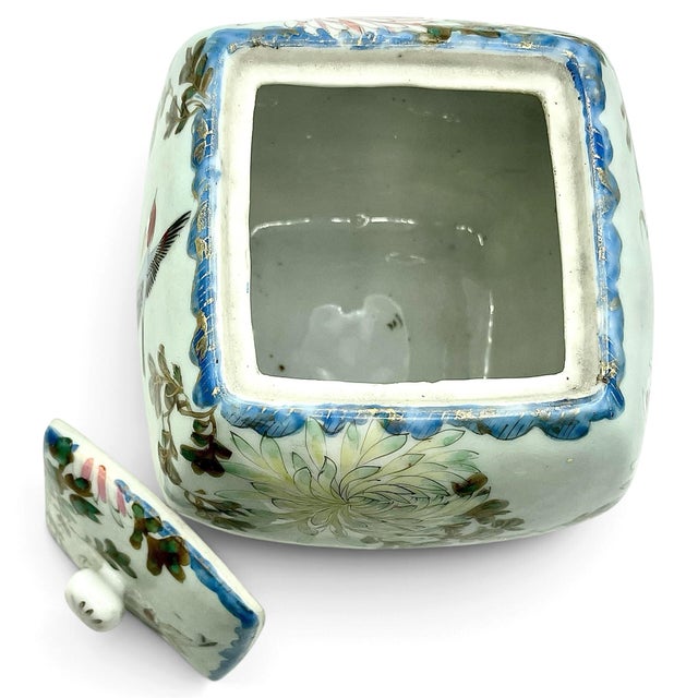 Celadon Early 20th Century Asian Porcelain Lidded Ginger Jar Celadon Chinoiserie Floral Bird Red Marks For Sale - Image 8 of 10