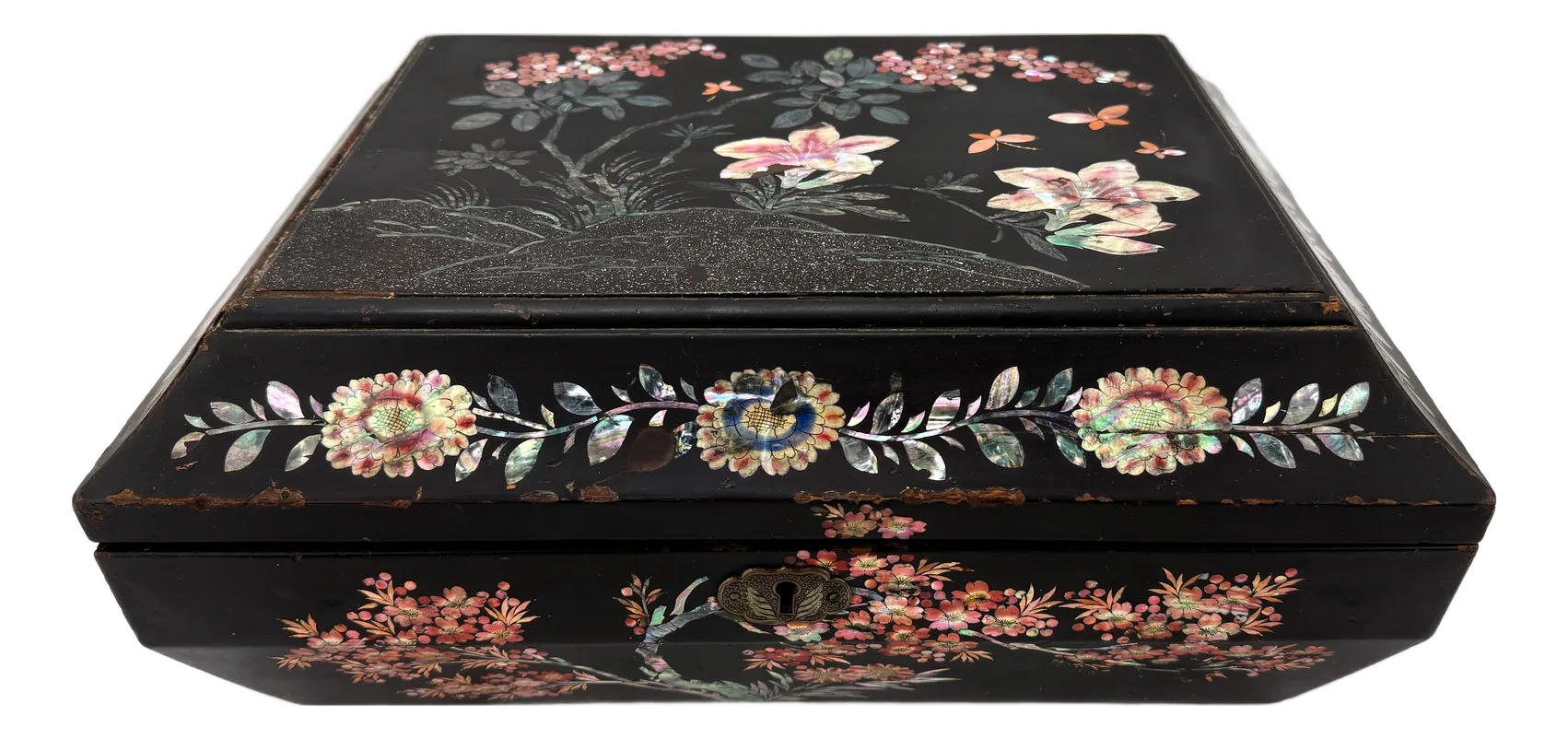 19th Century Chinese Export Black Lacquer & Mother of Pearl Sewing