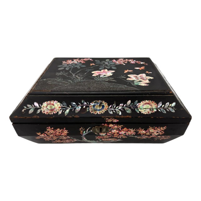 19th Century Chinese Export Black Lacquer & Mother of Pearl Sewing Box For Sale