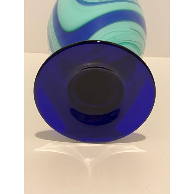 Carlo Moretti Carlo Moretti Murano Art Glass Vase Aqua Teal Cobalt Swirl Signed Labeled For Sale - Image 4 of 9