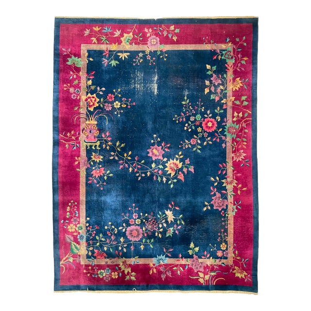 1920-1930's Antique Art Deco Asian Botanical Garden Magenta Berry Navy Purple Green Rug 9 2 X 11 8 For Sale