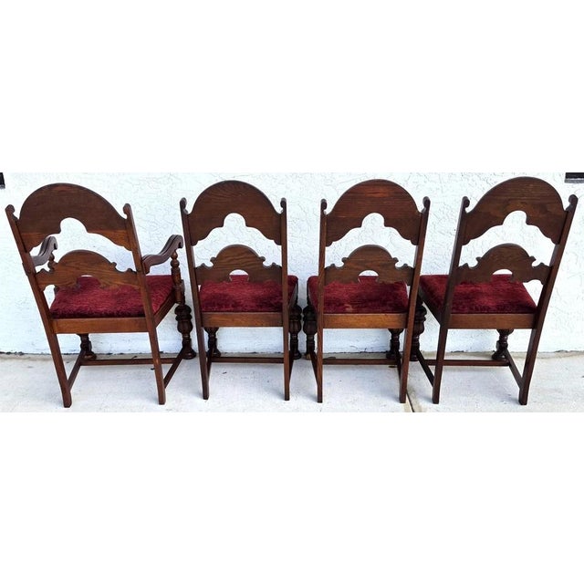 English Antique English Oak Tudor Jacobean Dining Chairs 1930's Set of 4 For Sale - Image 3 of 18