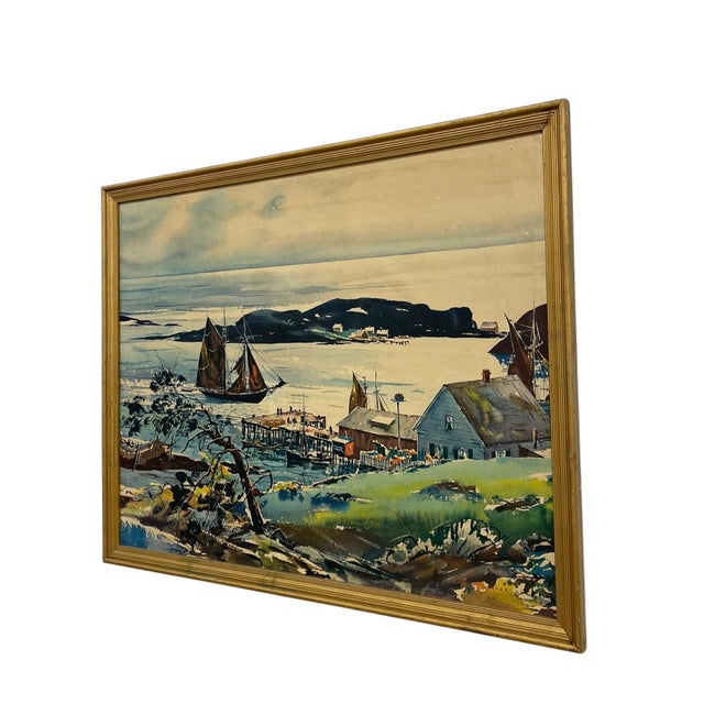 Vintage Framed Harbor Landscape Print by C. Ivar Gilbert - Coastal Sailboat & Village Scene, Gold-Tone Frame For Sale - Image 4 of 12