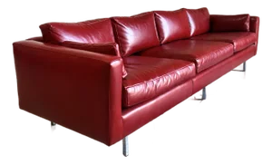 Mid Century Modern Red Leather and Chrome Long Sofa