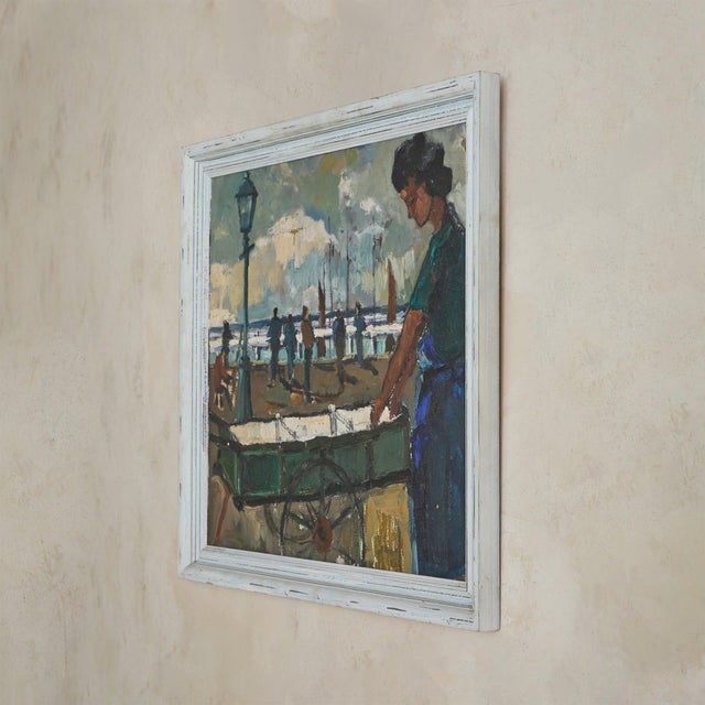A sense of movement and atmosphere defines this mid-century landscape, an oil on canvas that captures a pier scene with...