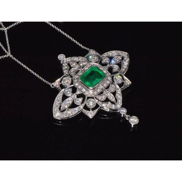 Vintage Art Deco GIA Natural 6.91Cts VS F Diamond Emerald 18K Solid Gold 950 Platinum Pendant Necklace For Sale - Image 4 of 10