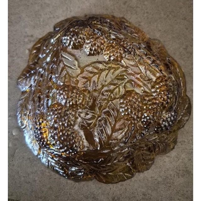 Vintage Iridescent Amber Carnival Glass Grape & Leaf Ruffled Bowl 7.75" Floral For Sale - Image 4 of 10