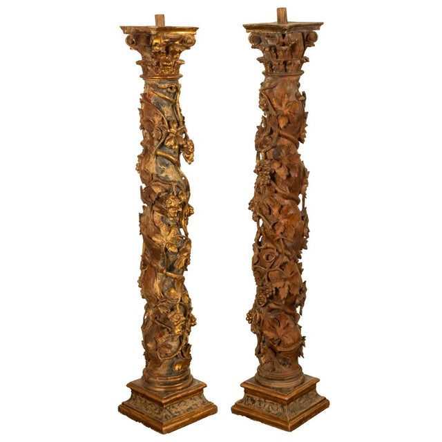 Antique Pair 17th Century Baroque Carved & Gilded Solomonic Columns Italy 1680 For Sale - Image 4 of 17